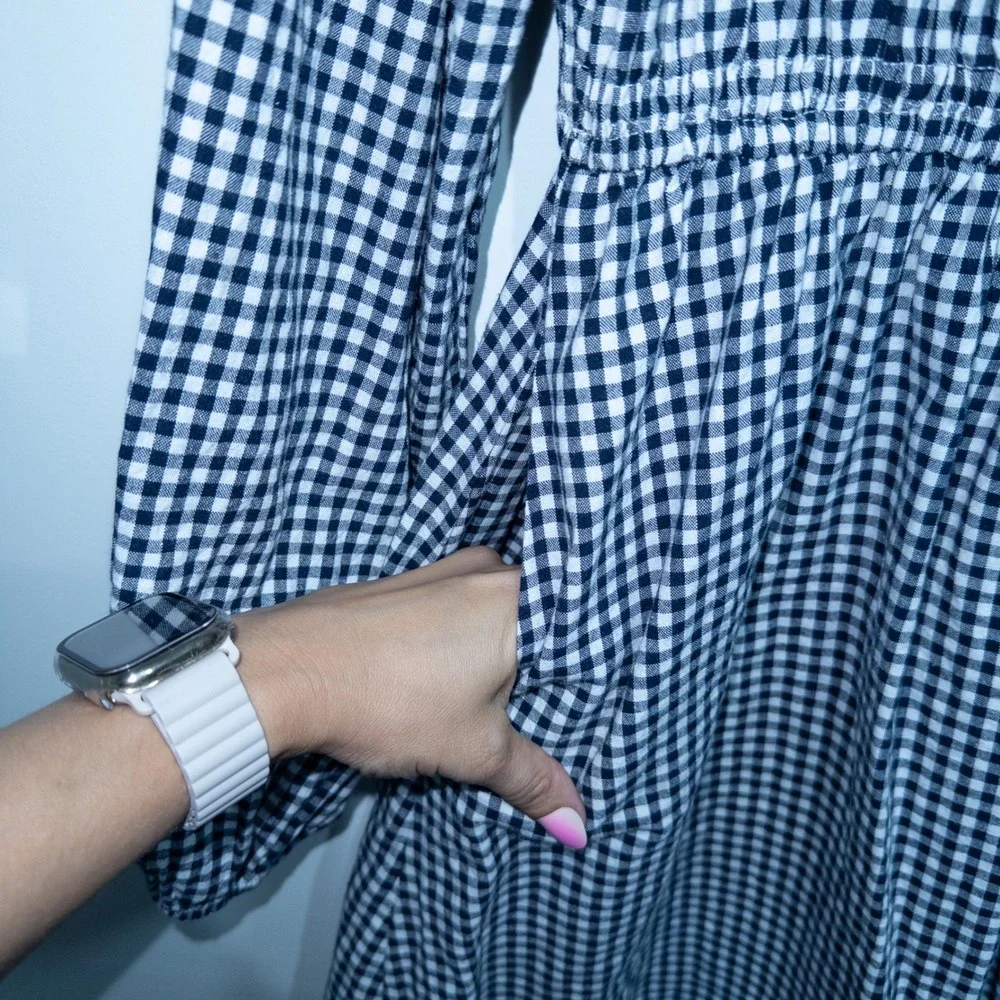 Petal & Pup Navy Blue‎ Gingham Jessen Long Sleeve Mini Dress Large